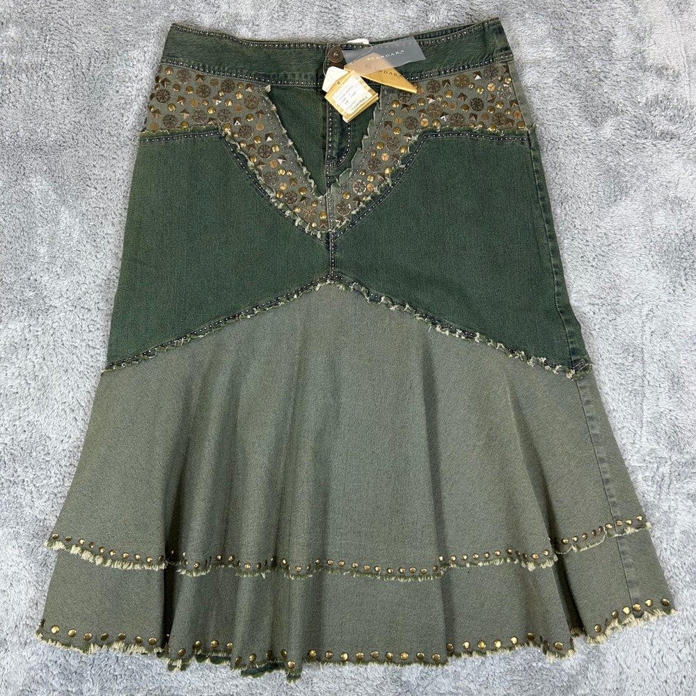 Seandara Olive Green Studded Embellished Denim Midi Skirt HJ-7113 Womens XL NEW